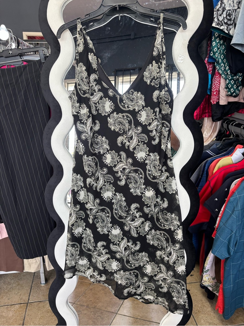 Y2K VINTAGE R&K Black Slip Dress with White Paisley Print
